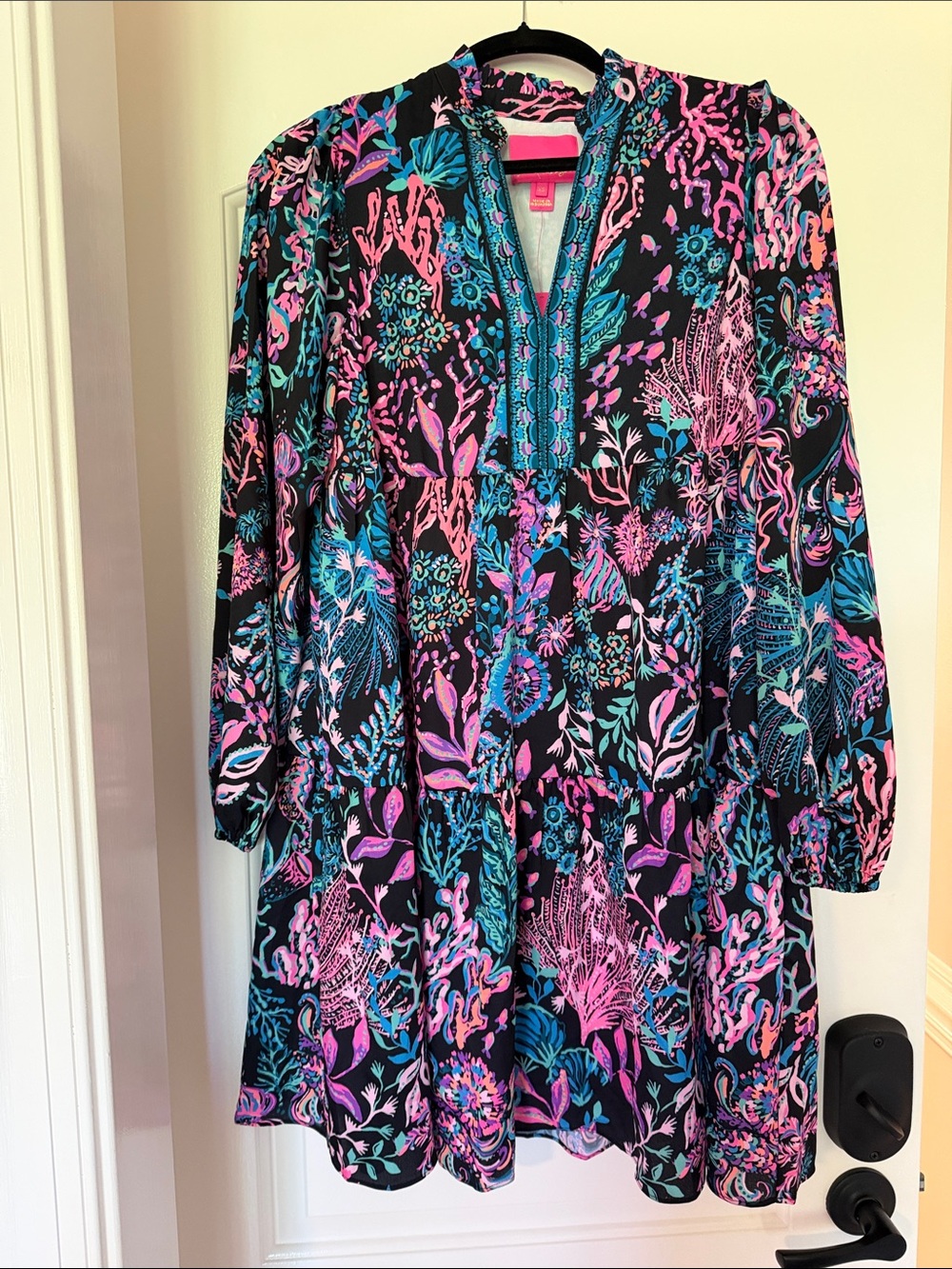 Lilly Pulitzer Black Tunic Dress with Pink & Teal Floral Print